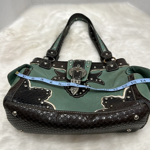 Western silver studded blue and brown concealer and carry shoulder bag - Picture 3 of 8